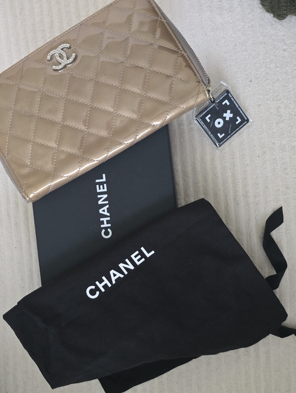 Authentic CHANEL Quilted Patent Leather Zip Around Wallet - Bronze/Brown
